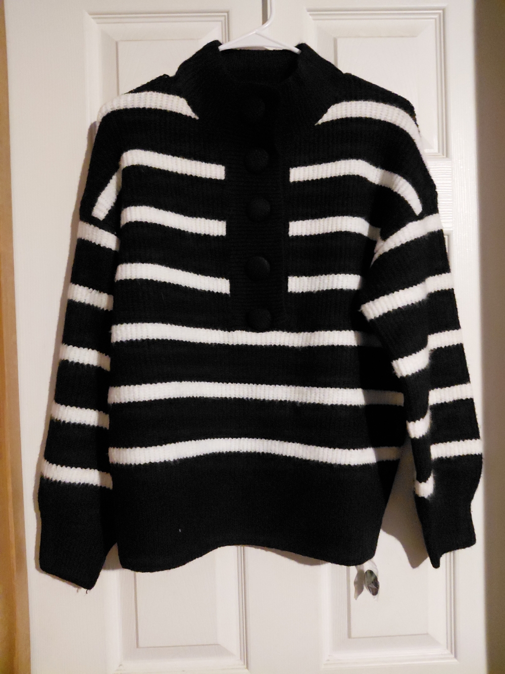 Pink Lily Black and White Striped Button-Front Turtleneck Sweater